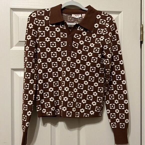 NWOT Brown/white Knit Sweater JR Medium Top - Picture 1 of 9